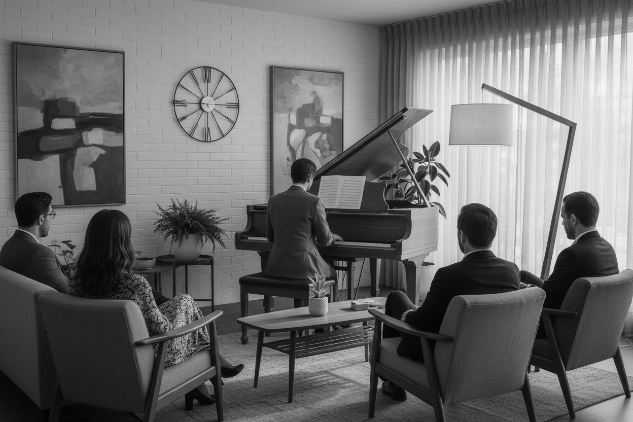Wohnzimmerkonzert auf dem eigenen Klavier. Das Wohnzimmer sollte im Mid Century style sein. Erstelle 5 durchschnittliche Gäste, deren Gesichter man nicht erkennt. Es sollte eine Intime Stimmung sein. Die Gäste sieht man von Hinten und der Pianist ist in der MItte. Den Pianisten darf man sehen. Es sollten seine Hände zu sehen sein und das es ein Klavier ist. 